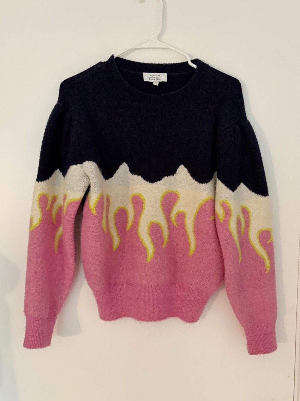 & Other Stories Pink Flame Print Crewneck Puff Sleeve Sweater
